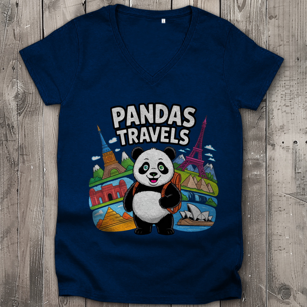 Damen Premium Bio V-Neck T-Shirt Panda Travels