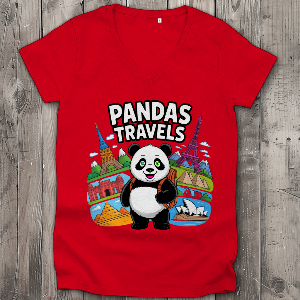 Damen Premium Bio V-Neck T-Shirt Panda Travels