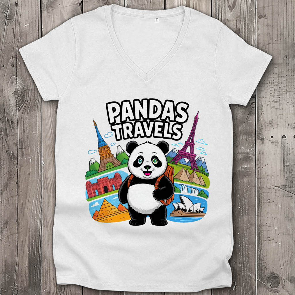 Damen Premium Bio V-Neck T-Shirt Panda Travels