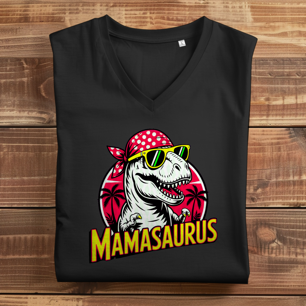 Damen Premium Bio V-Neck T-Shirt Mamasaurus