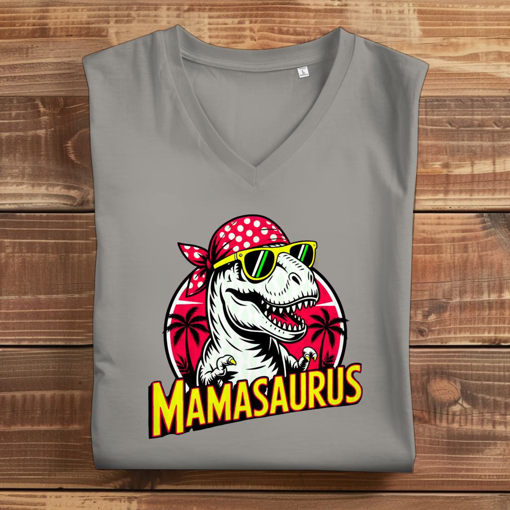 Damen Premium Bio V-Neck T-Shirt Mamasaurus