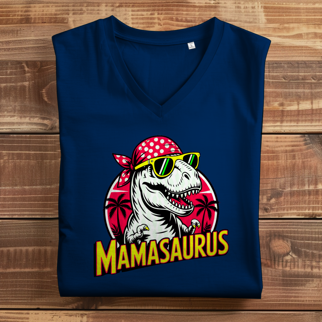 Damen Premium Bio V-Neck T-Shirt Mamasaurus