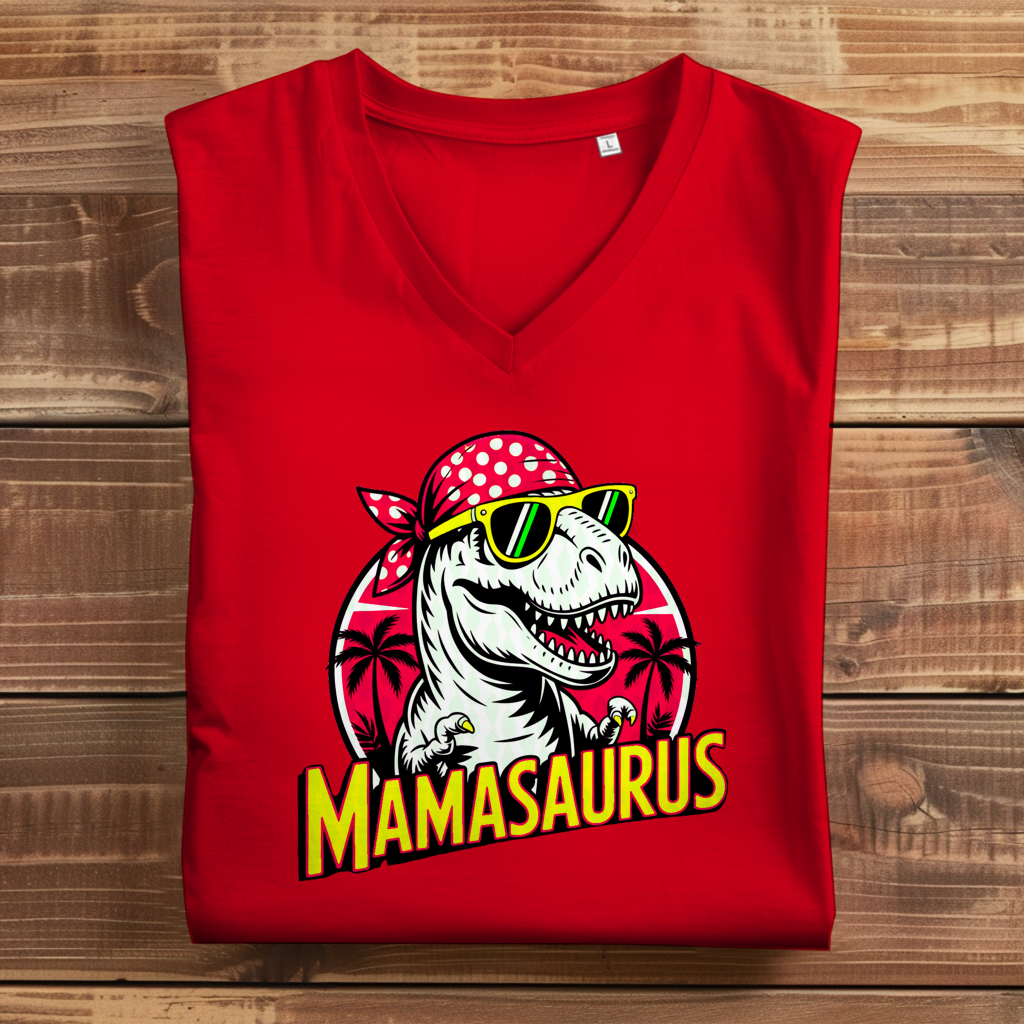 Damen Premium Bio V-Neck T-Shirt Mamasaurus