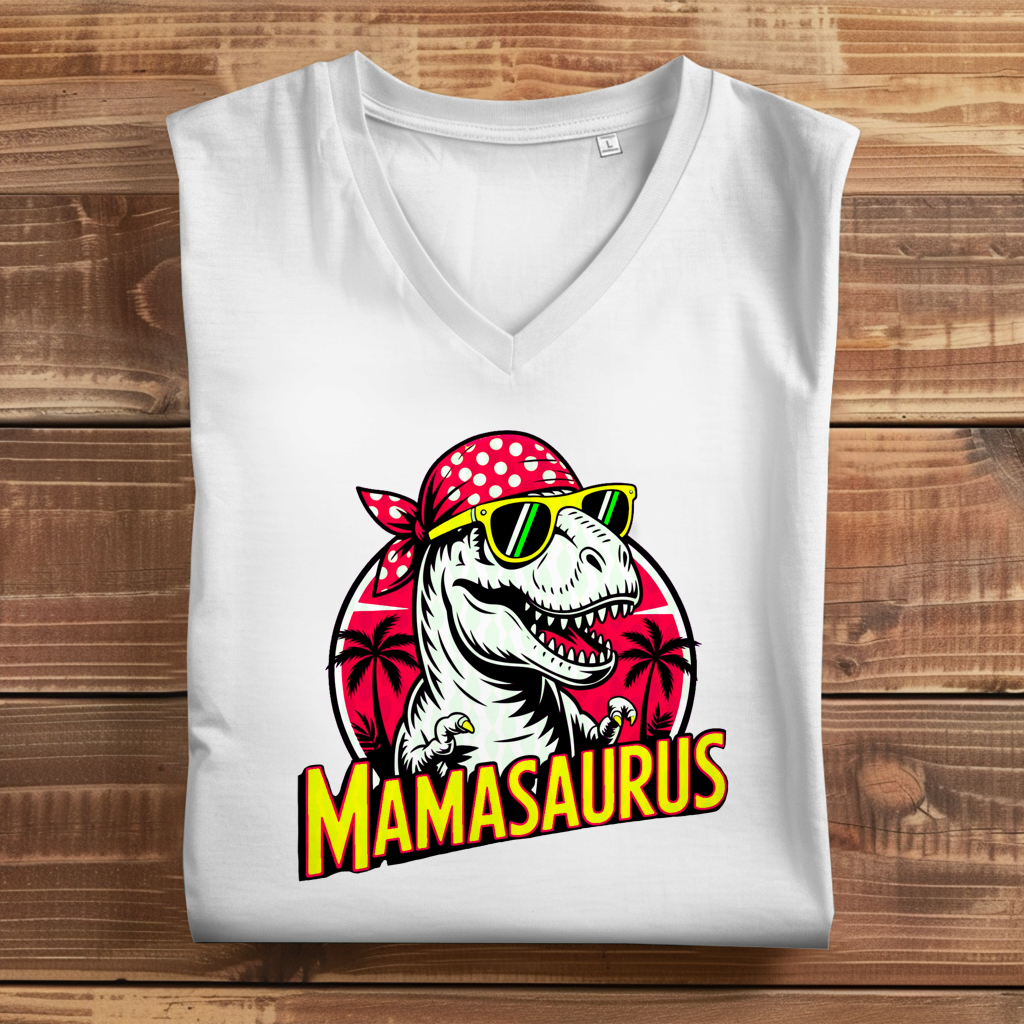 Damen Premium Bio V-Neck T-Shirt Mamasaurus